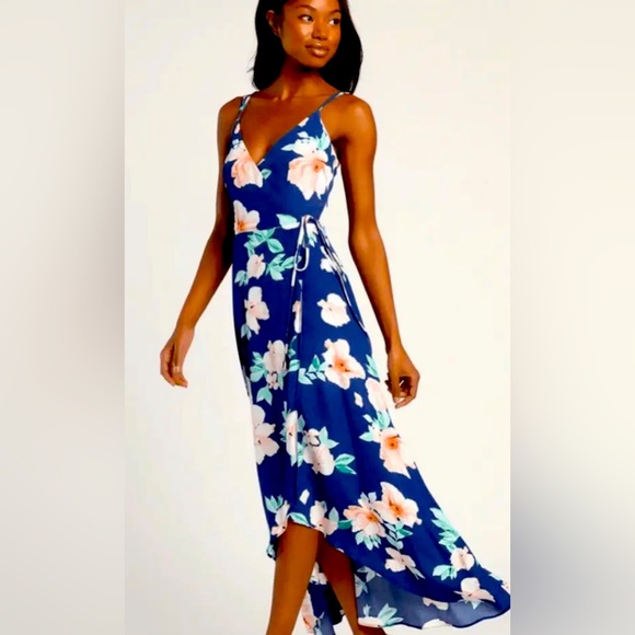 Lulus Blooming Bright Blue Floral Print High-Low Wrap Midi Dress Size Small NWT - Picture 2 of 10